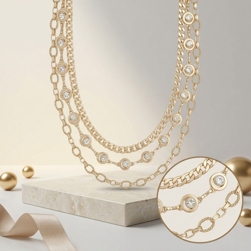 Gold Mixed Chain 3 Layer Necklace with Rhinestones