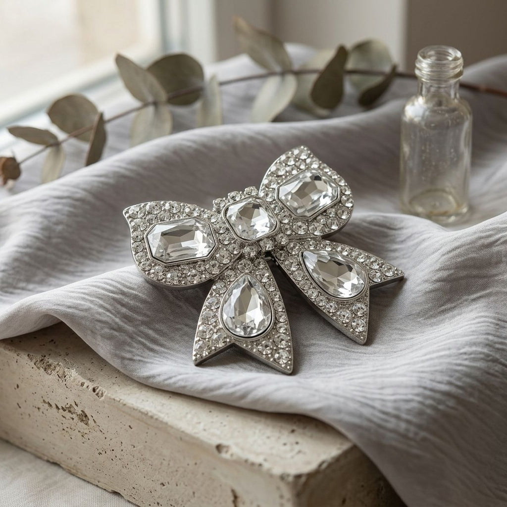 Oversized Brooch Silver Ribbon Bow Crystal Pin