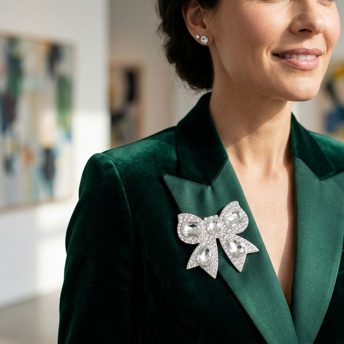 Oversized Brooch Silver Ribbon Bow Crystal Pin