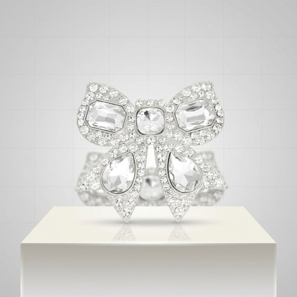 Oversized Brooch Silver Ribbon Bow Crystal Pin