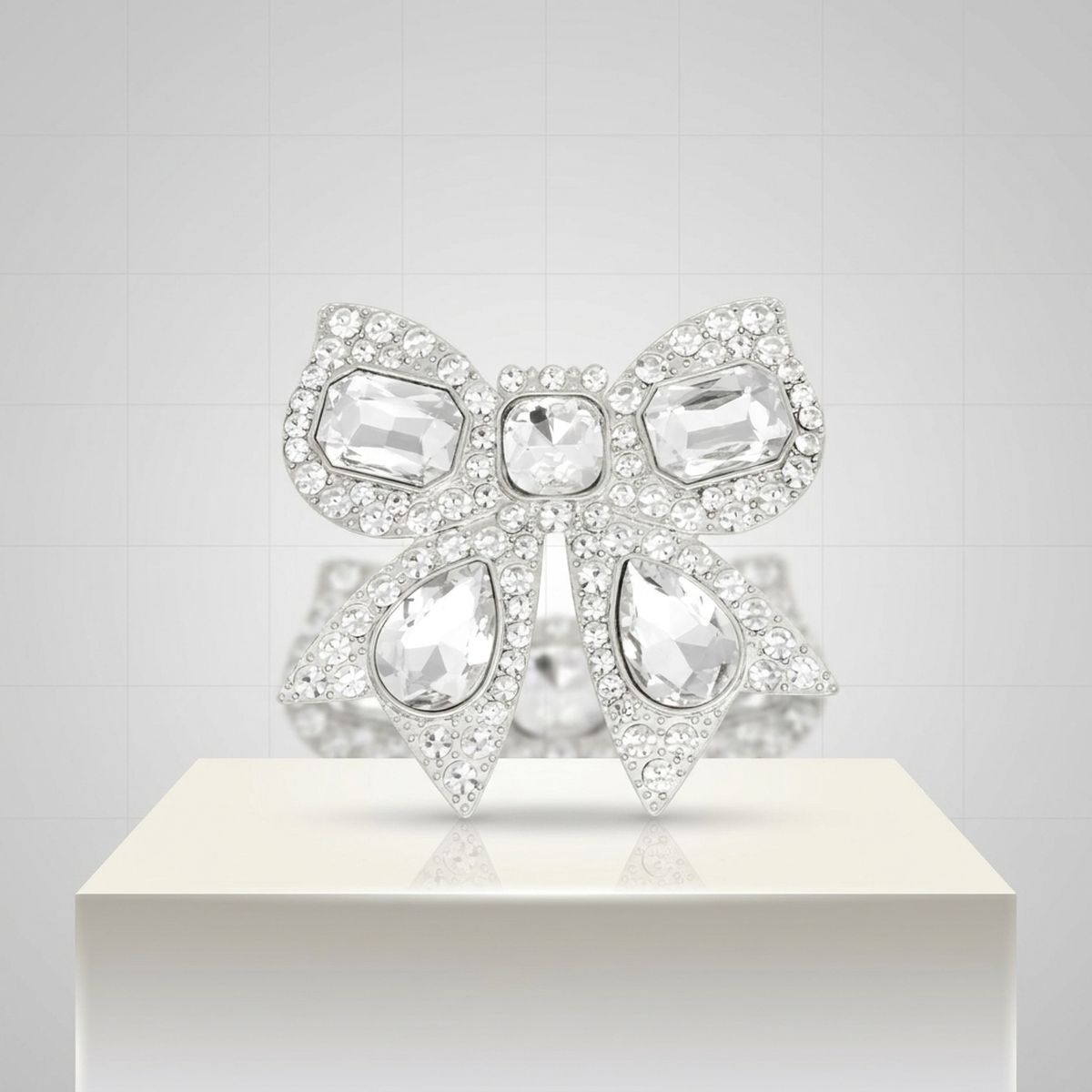 Oversized Brooch Silver Ribbon Bow Crystal Pin