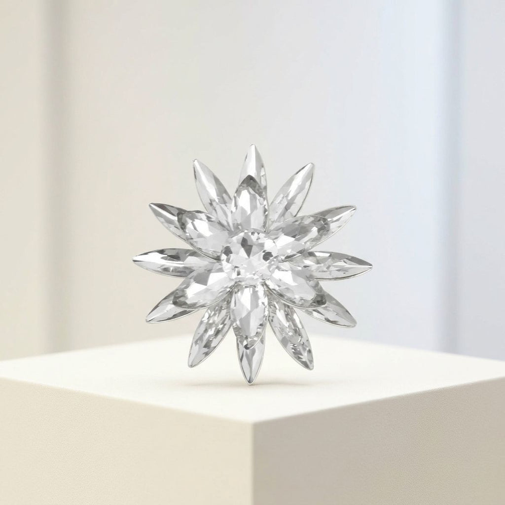 Oversize Brooch Silver Marquise Crystal Flower Pin