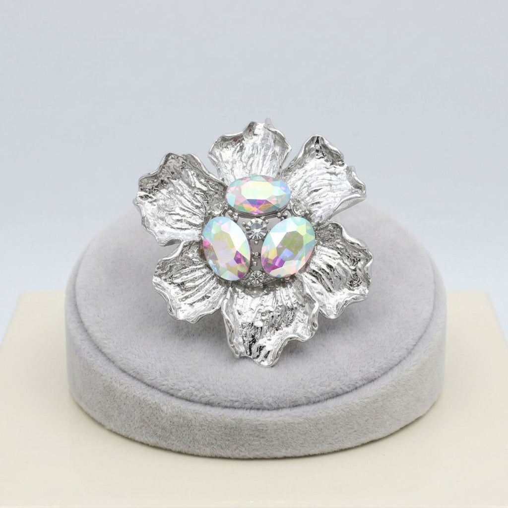 Oversized Brooch Silver Flower Aurbo Crystal Pin