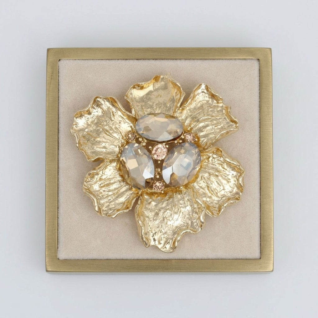 Oversized Brooch Gold Flower Brown Crystal Pin