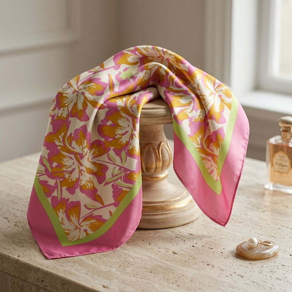 Silky Square Pink and Green Tropical Fashion Scarf
