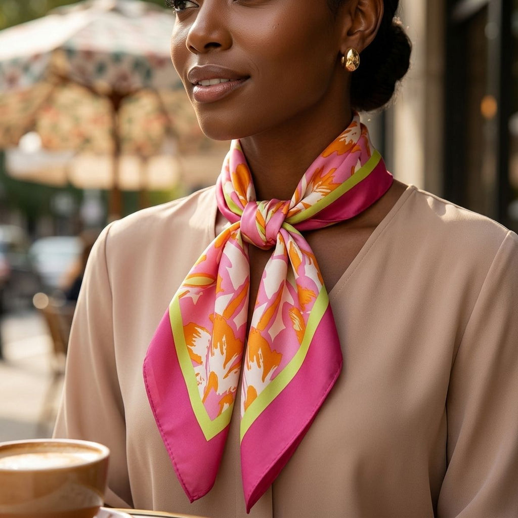 Silky Square Pink and Green Tropical Fashion Scarf