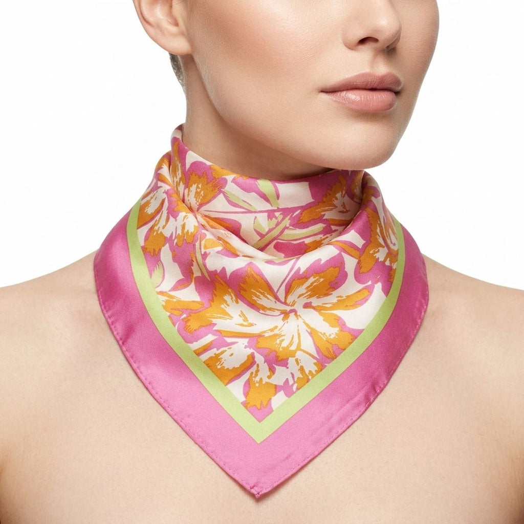 Silky Square Pink and Green Tropical Fashion Scarf