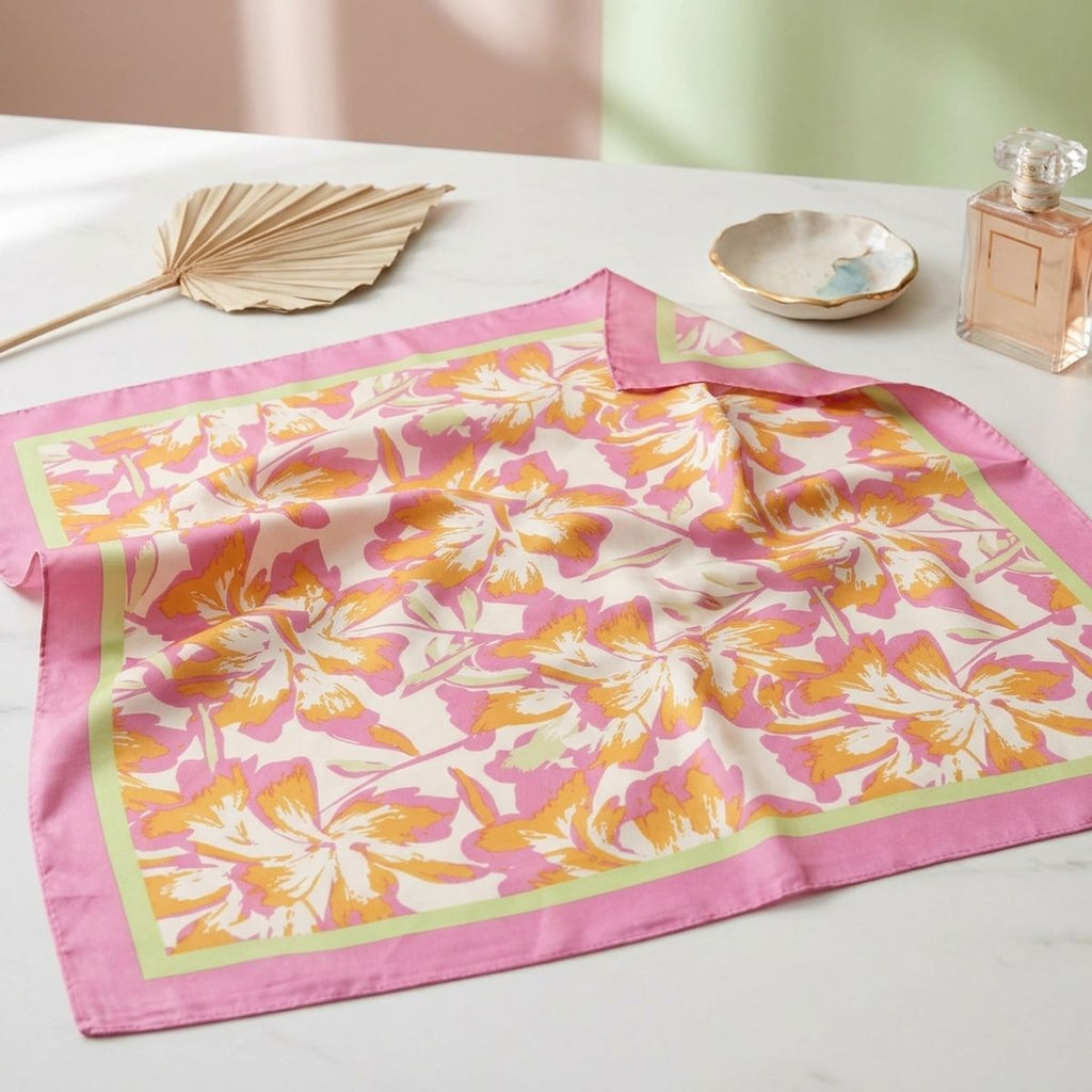 Silky Square Pink and Green Tropical Fashion Scarf