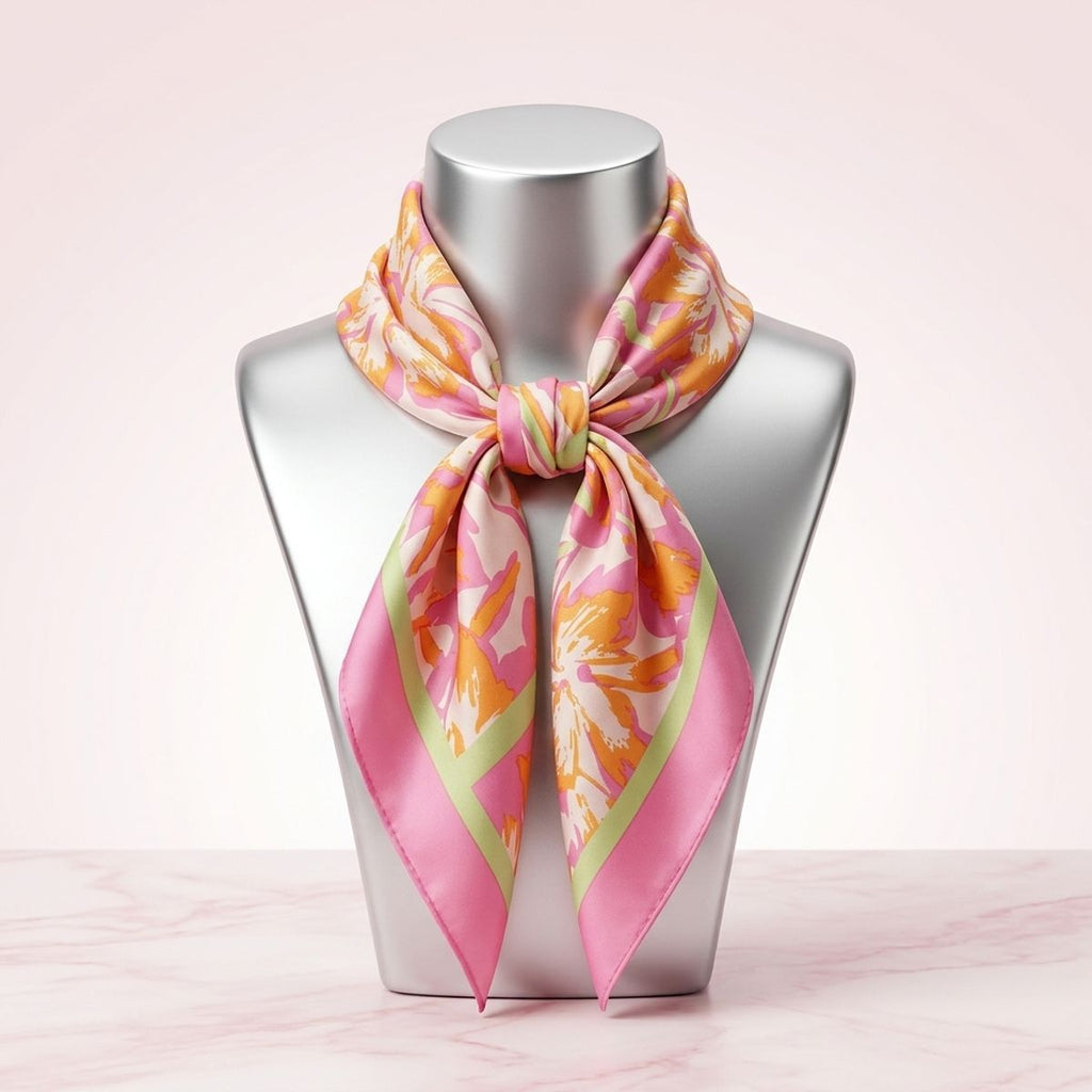 Silky Square Pink and Green Tropical Fashion Scarf