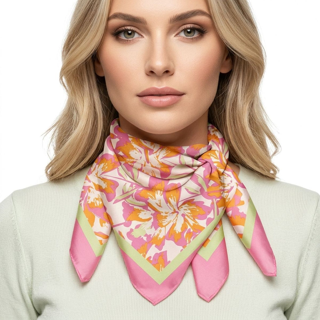 Silky Square Pink and Green Tropical Fashion Scarf