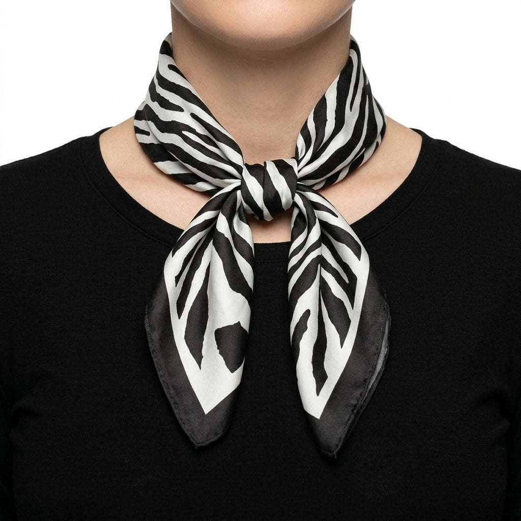 Silky Square Black Cream Zebra Print Fashion Scarf