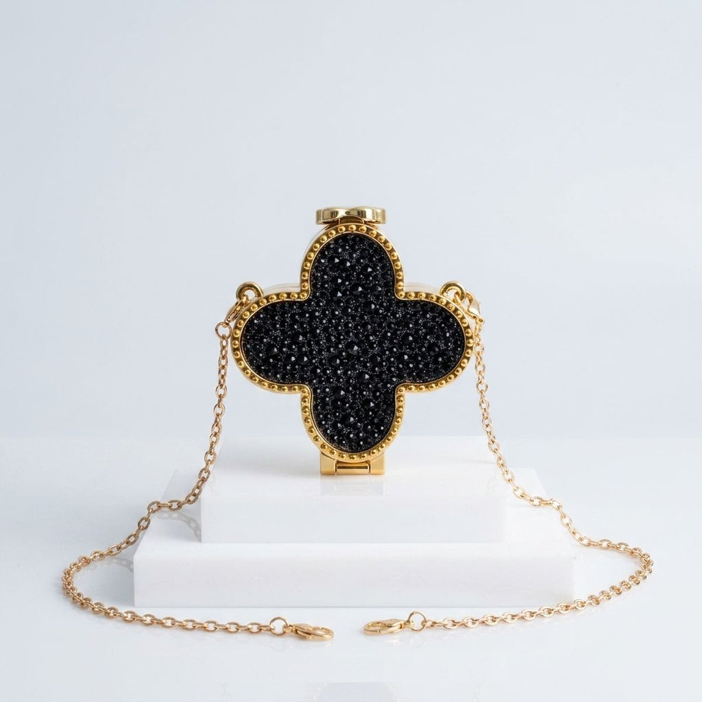 Mini Black Quatrefoil Sparkle Crossbody Compact