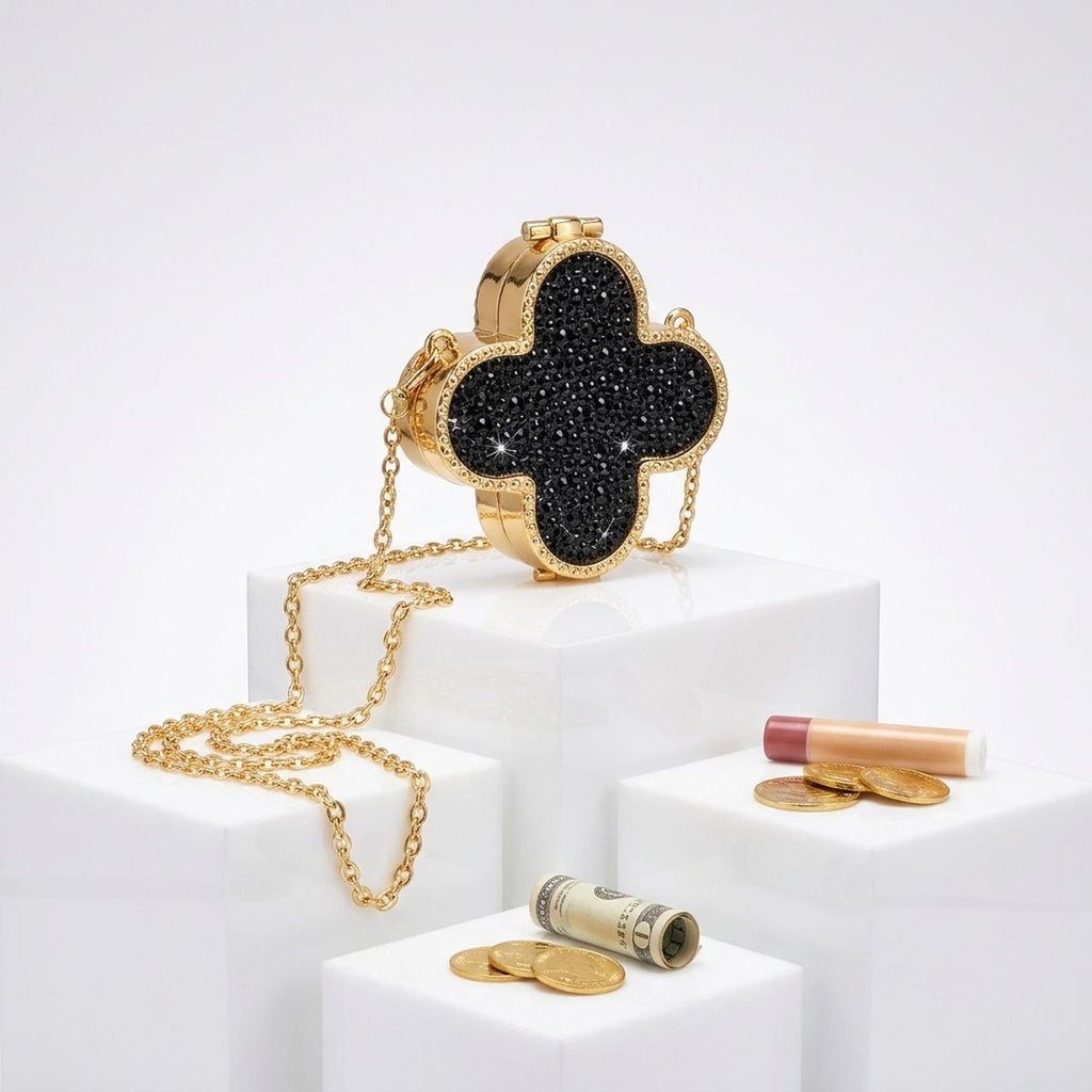 Mini Black Quatrefoil Sparkle Crossbody Compact