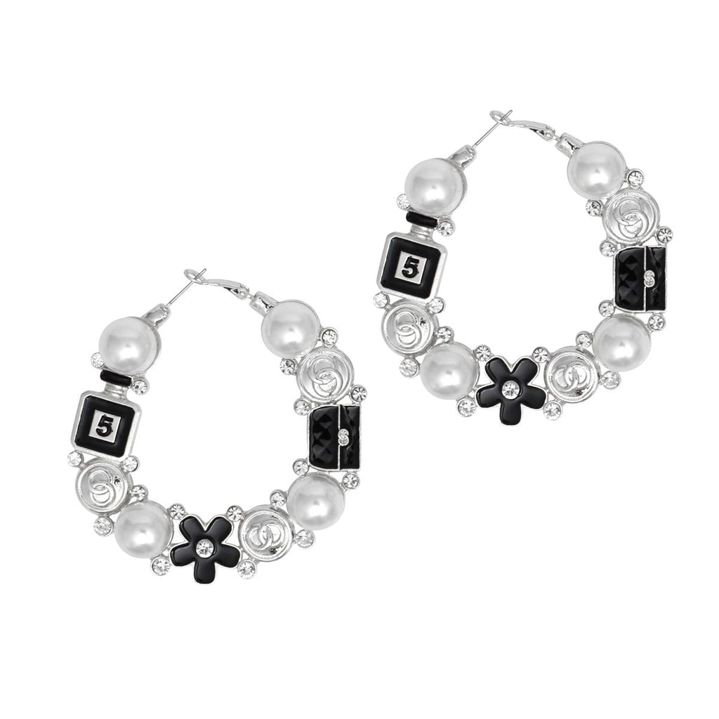 Hoop Uptown Glam Pearl Silver and Black Earrings