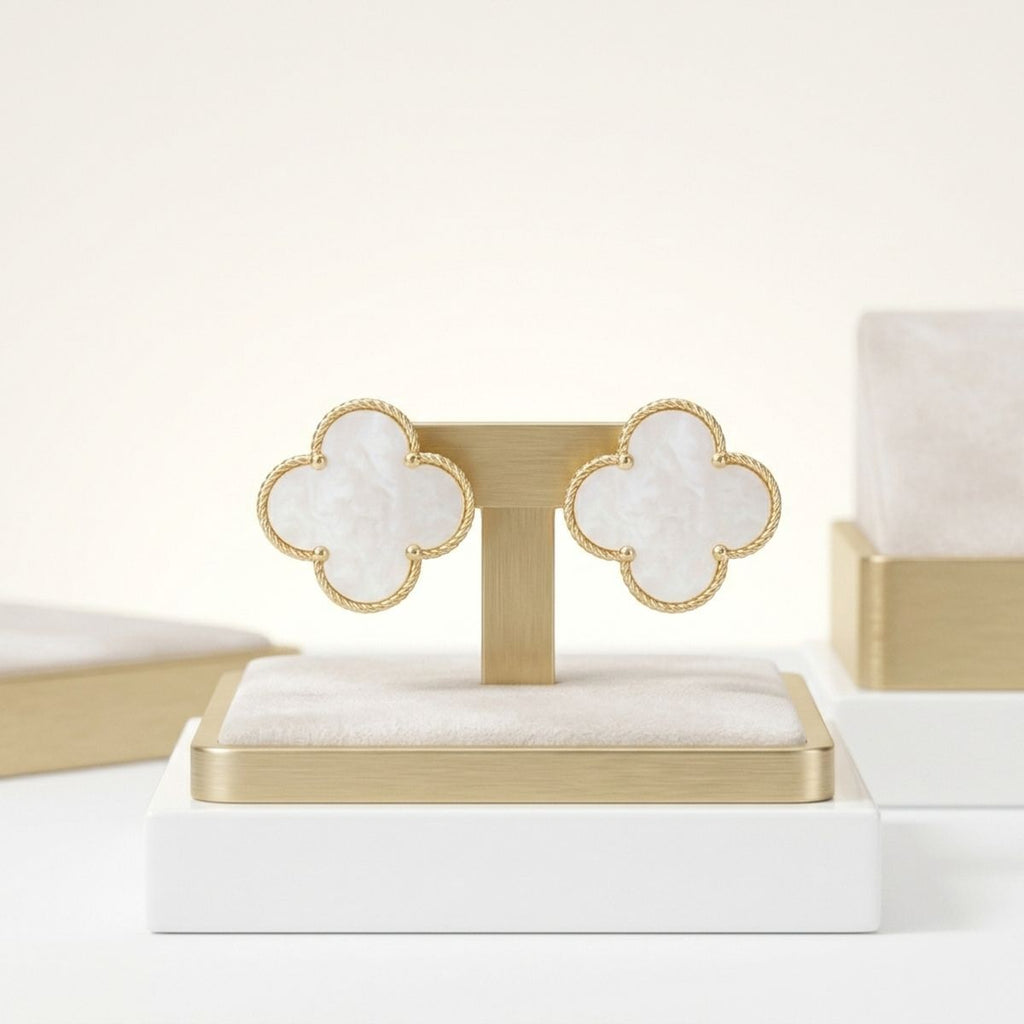Stud Large Cream and Gold Quatrefoil Earrings