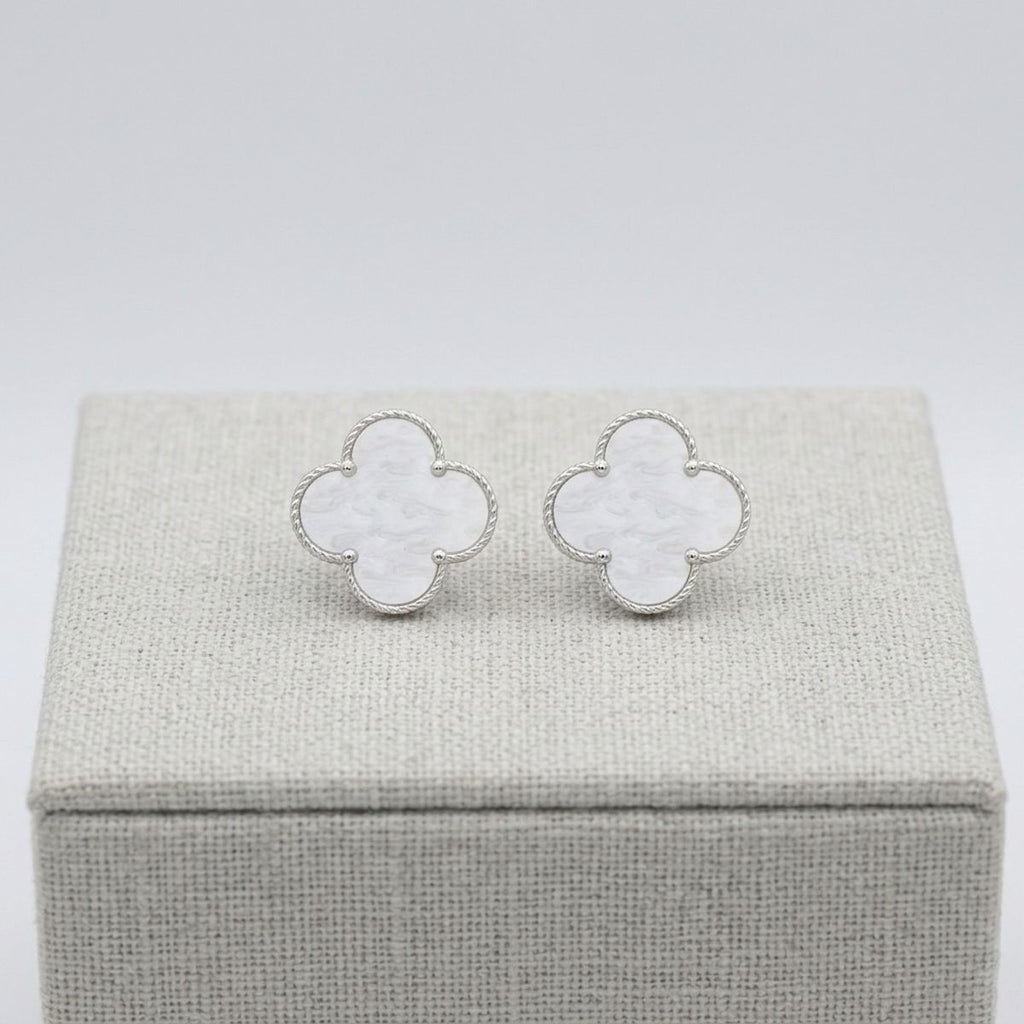 Stud Large White and Silver Quatrefoil Earrings