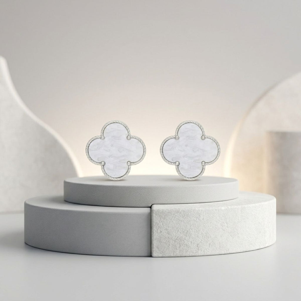 Stud Large White and Silver Quatrefoil Earrings
