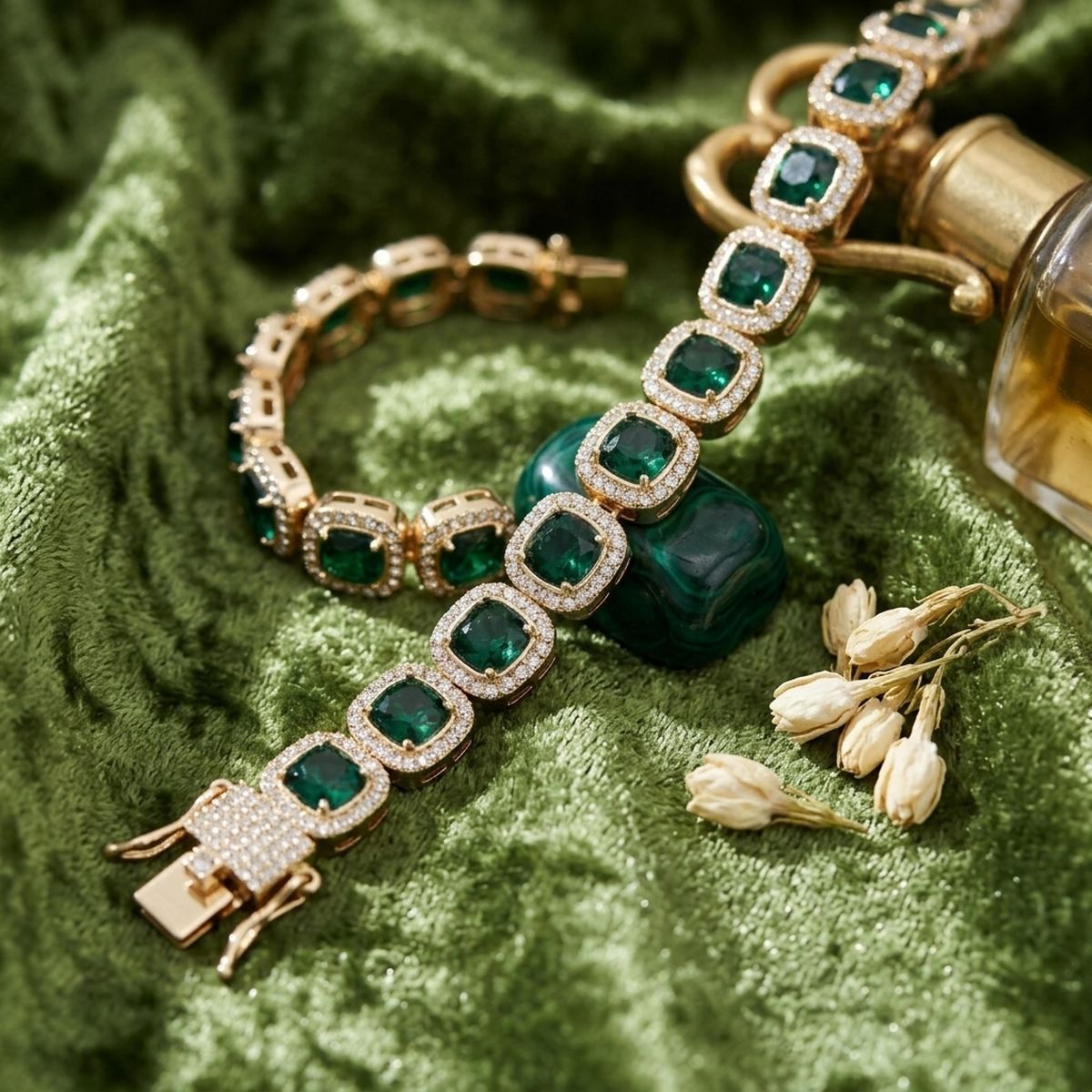 Tennis Green Cushion Cut Crystal Halo Luxe Bracelet
