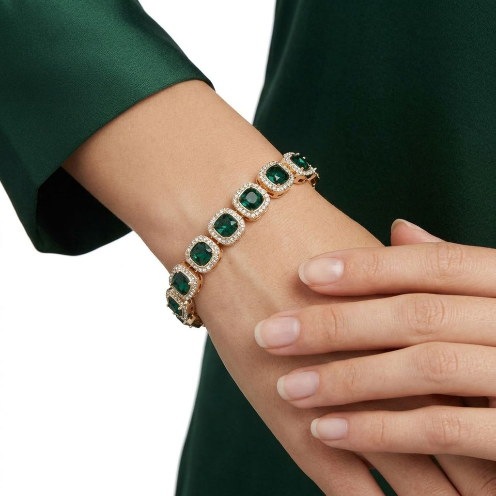 Tennis Green Cushion Cut Crystal Halo Luxe Bracelet