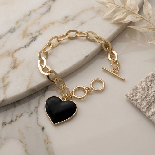 Black Heart Charm Gold Oval Chain Bracelet