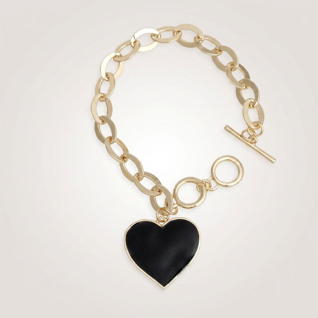 Black Heart Charm Gold Oval Chain Bracelet
