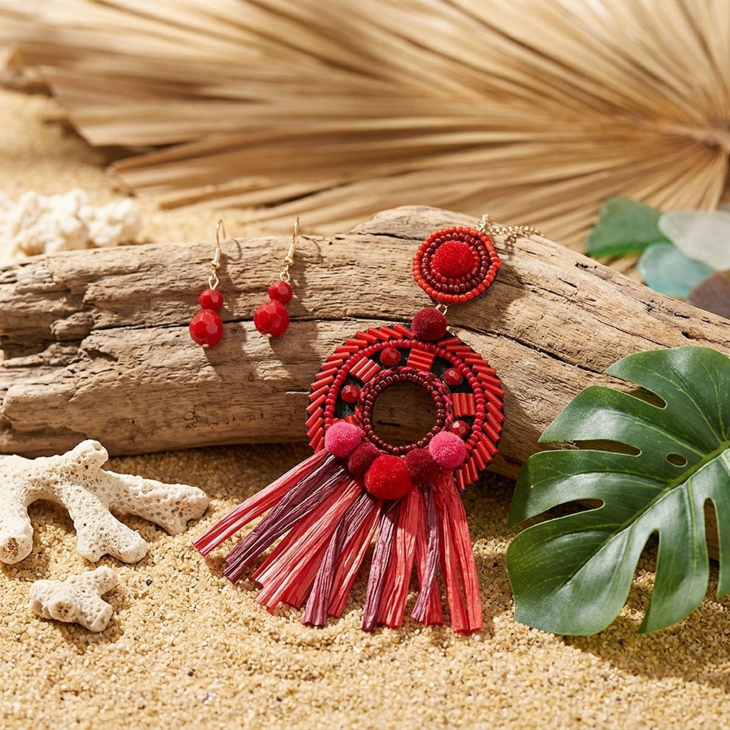 Red Raffia Tassel Pendant Necklace