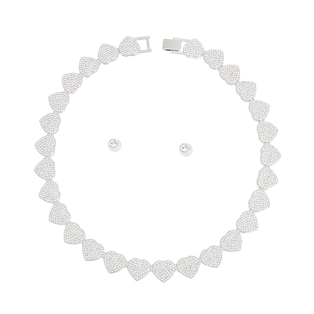 Chain Silver Pave Heart Link Necklace Set Women