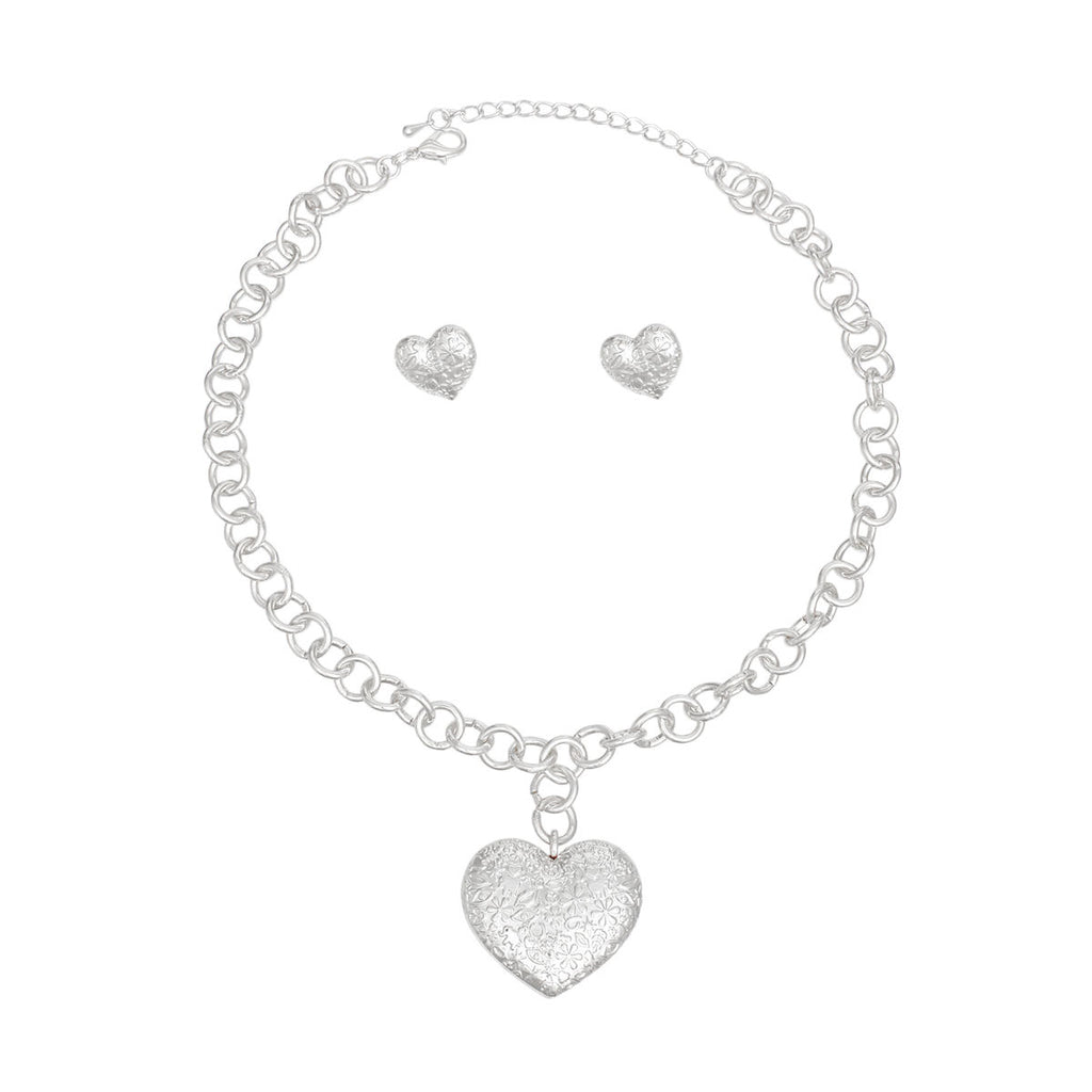 Pendant Silver Girly Patterned Puffy Heart Set
