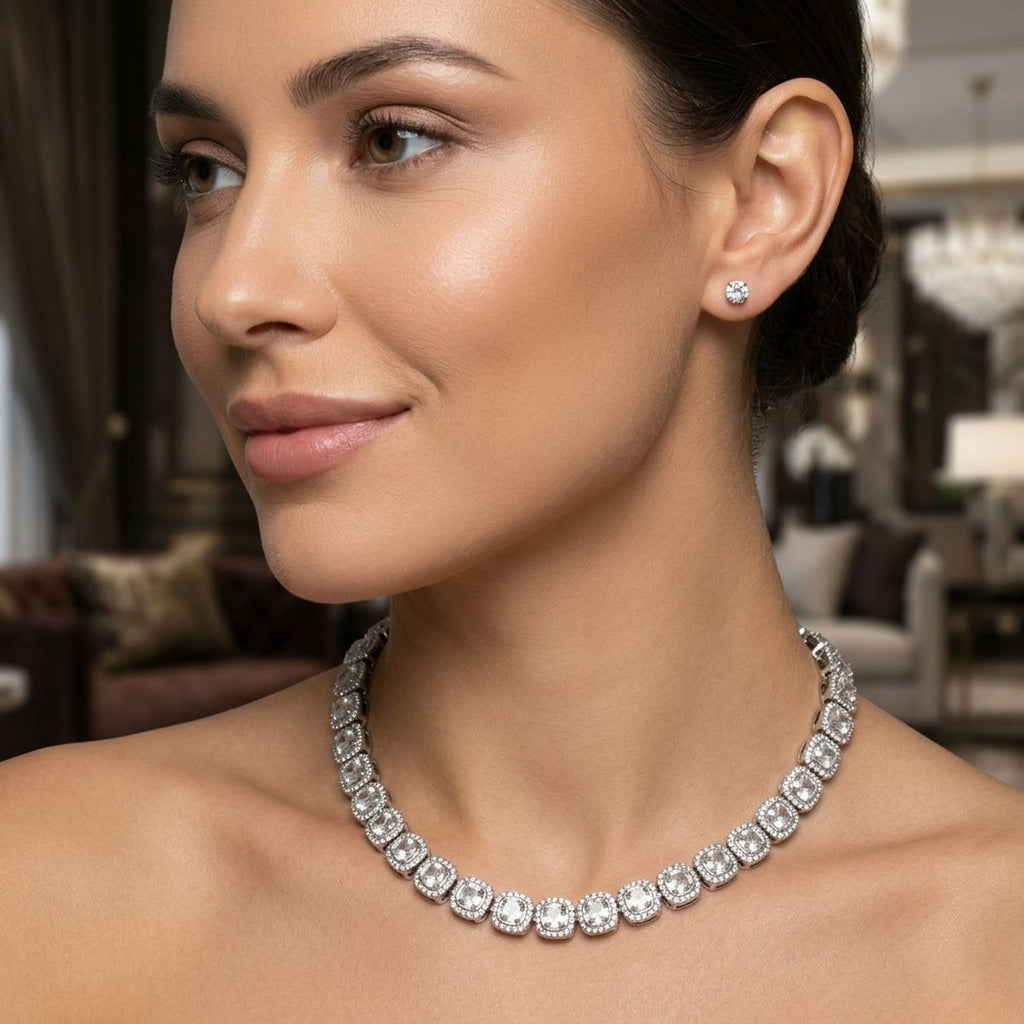 Tennis Silver Cushion Cut Crystal Luxe Necklace