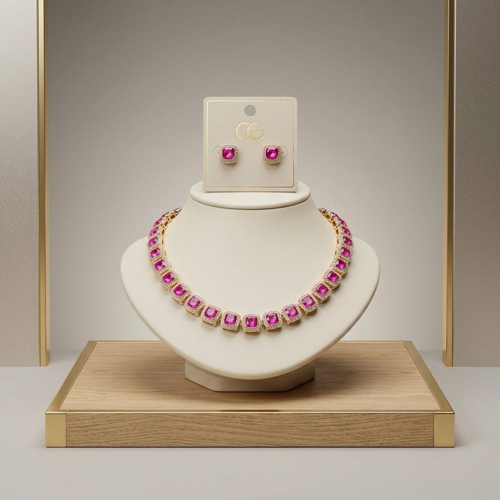 Tennis Pink Cushion Cut Crystal Halo Luxe Necklace