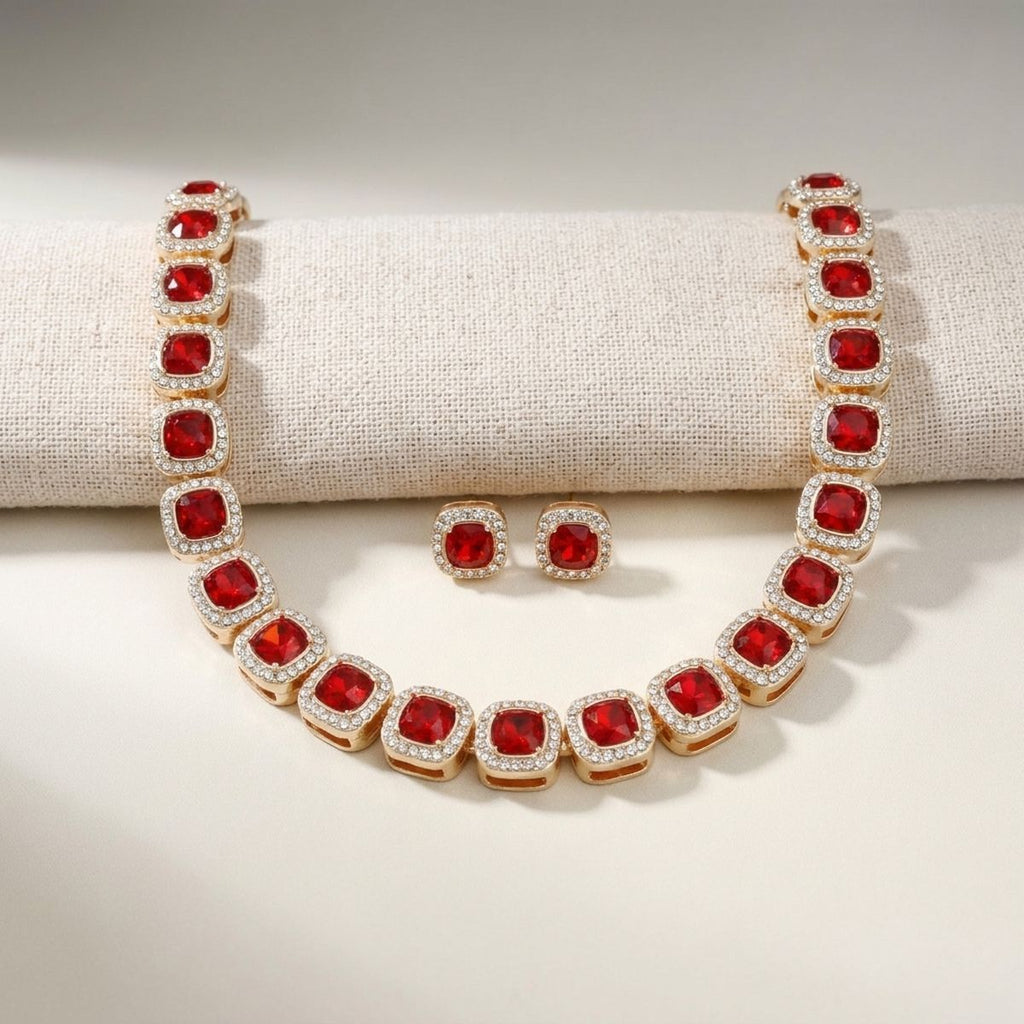 Tennis Red Cushion Cut Crystal Halo Luxe Necklace