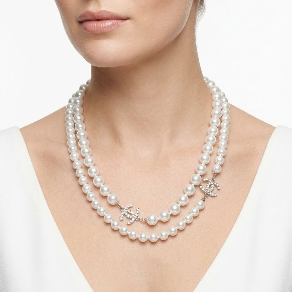 Parisian Long White Glass Pearl Charm Layer Set