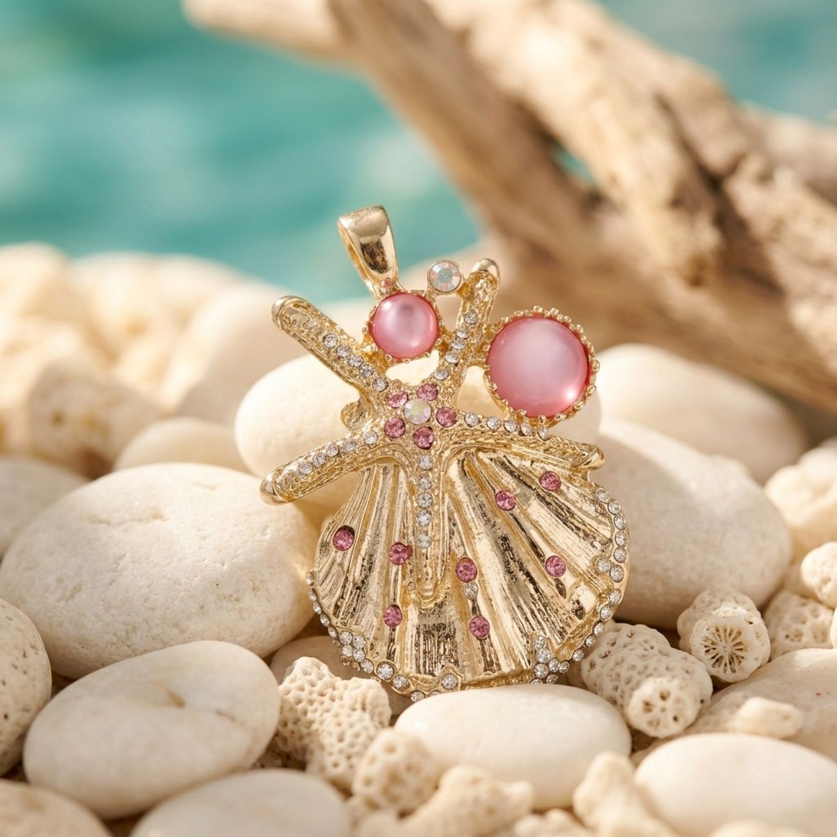 Gold Choker Sea Life Pendant with Pink Rhinestones