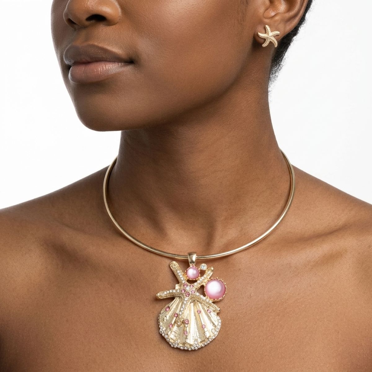 Gold Choker Sea Life Pendant with Pink Rhinestones