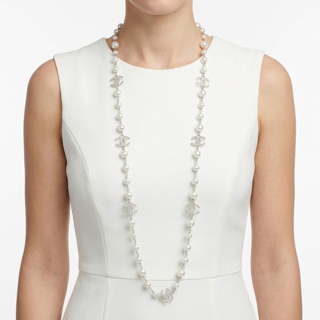 Parisian White Glass Pearl Charm Long Necklace