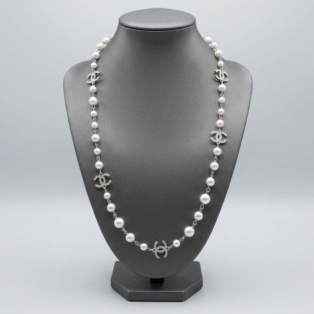 Parisian White Glass Pearl Charm Long Necklace