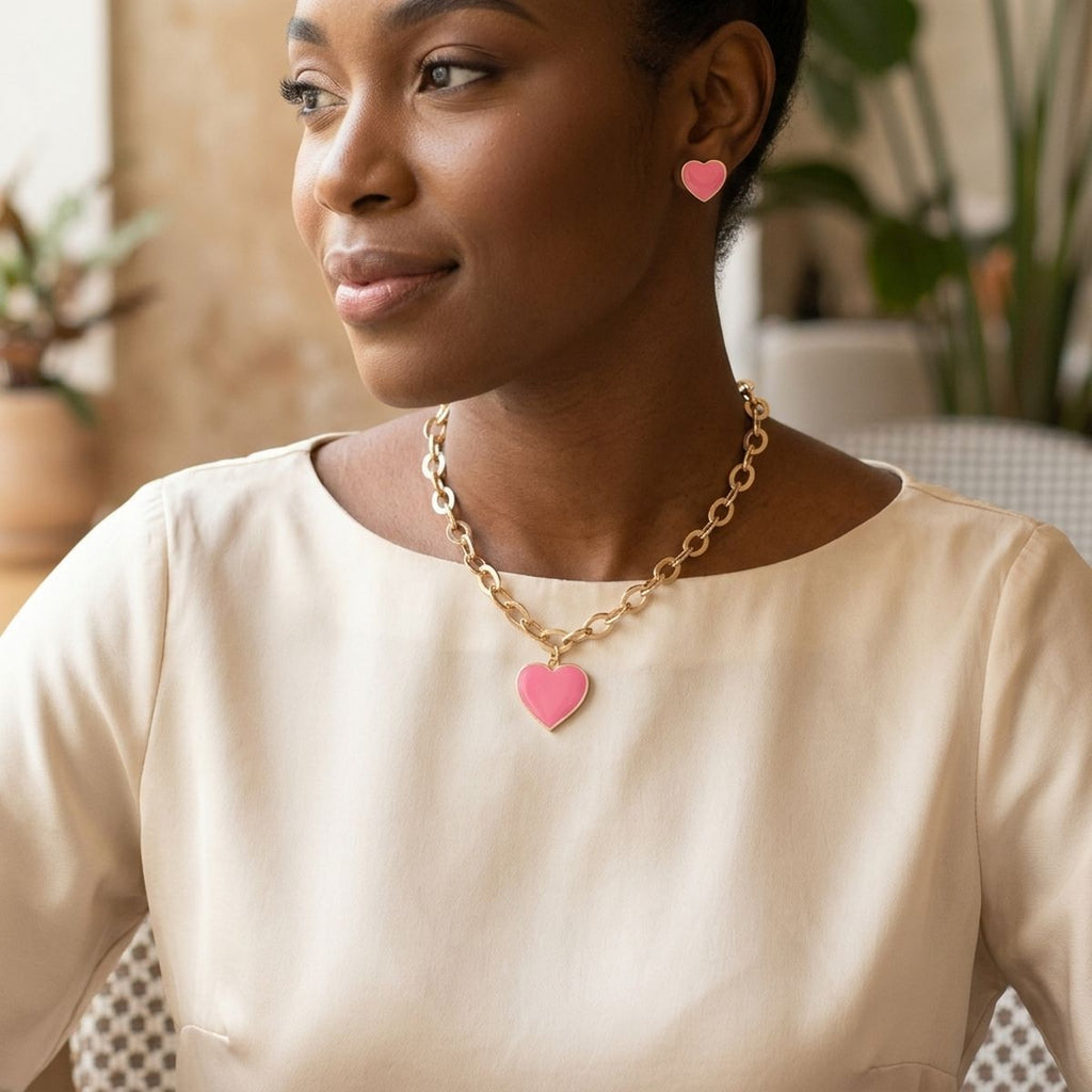Pink Heart Pendant Gold Oval Chain Necklace