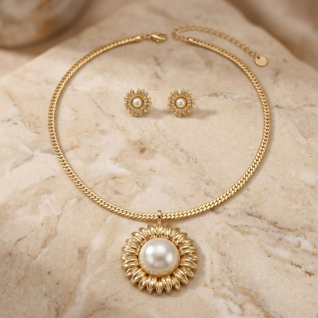 Gold Cobra Chain Sunflower Pearl Pendant Necklace