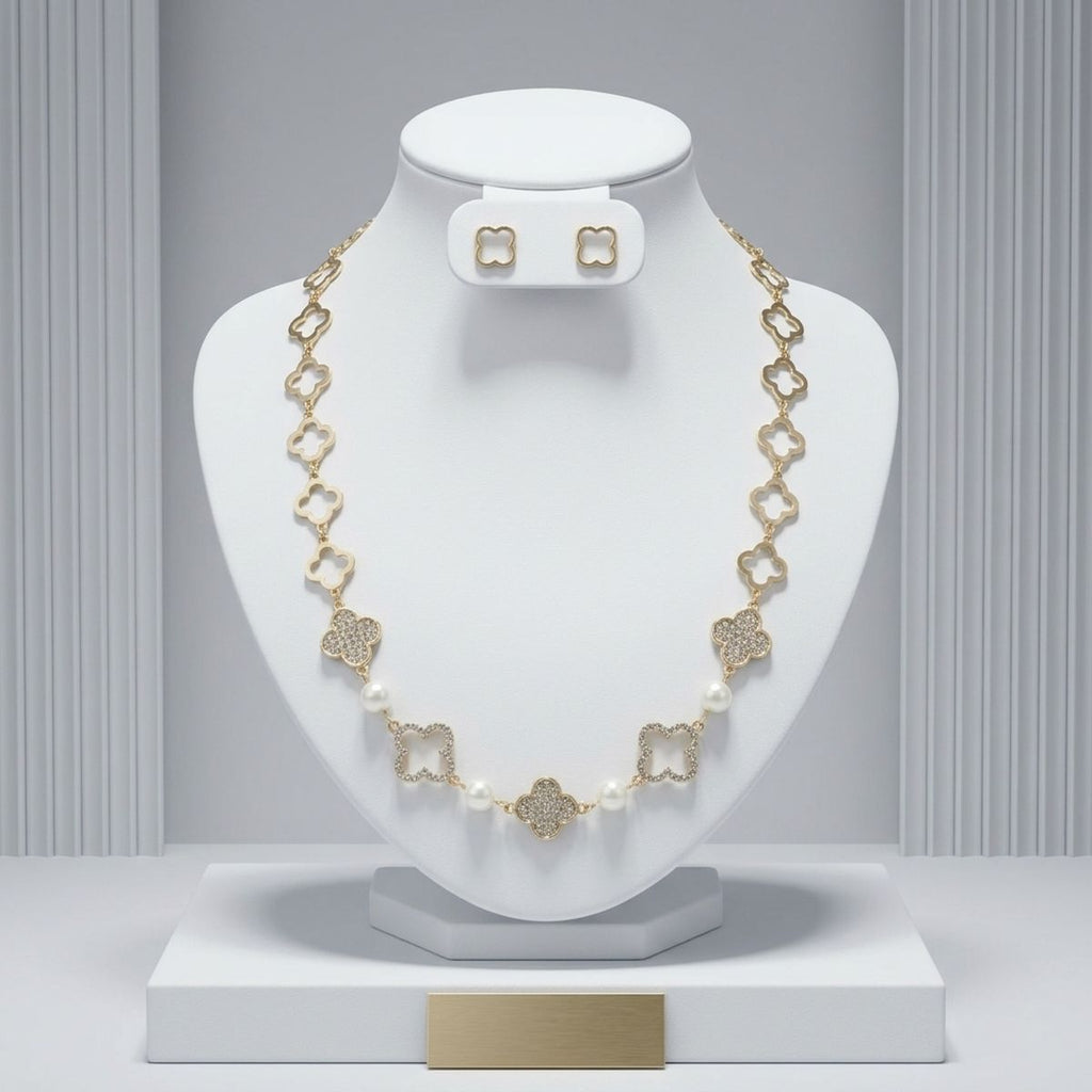 Gold Pave Quatrefoil Clover Cotton Pearl Necklace