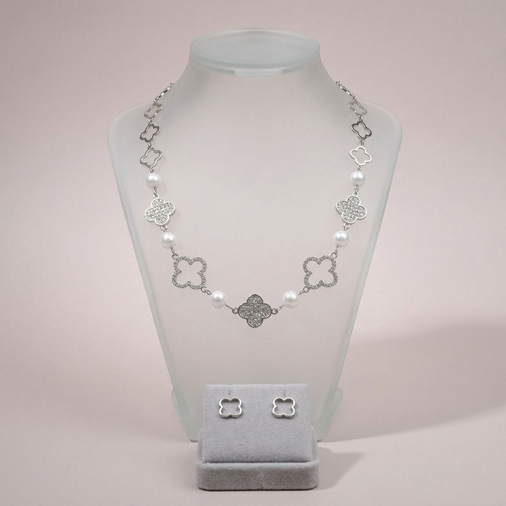 Silver Pave Quatrefoil Clover Cotton Pearl Necklace