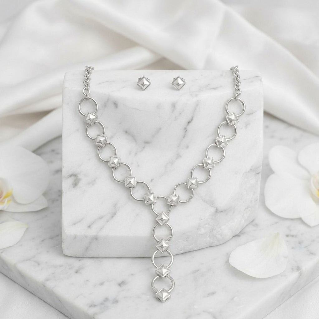 Y Silver Round Link White Pearl Pyramid Necklace