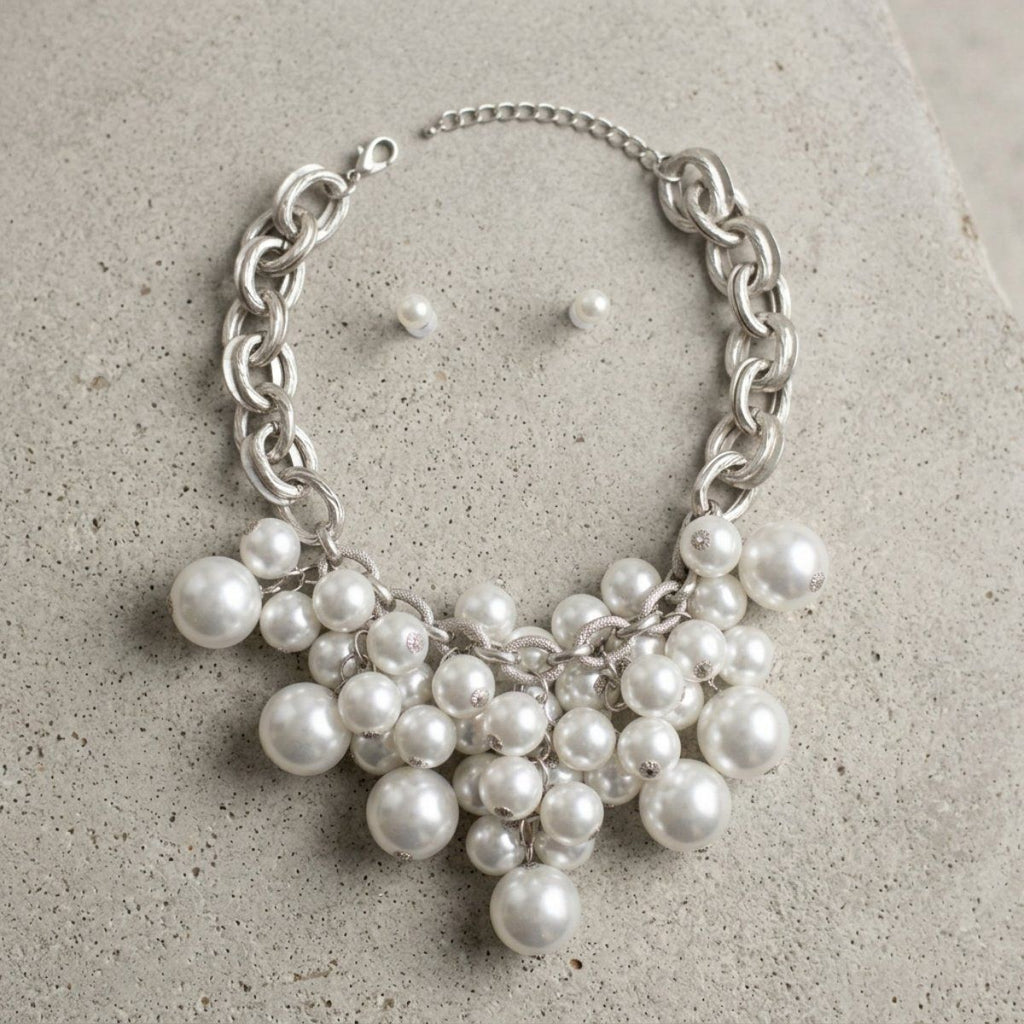White Pearl Cluster Opulent Chunky Bib Necklace
