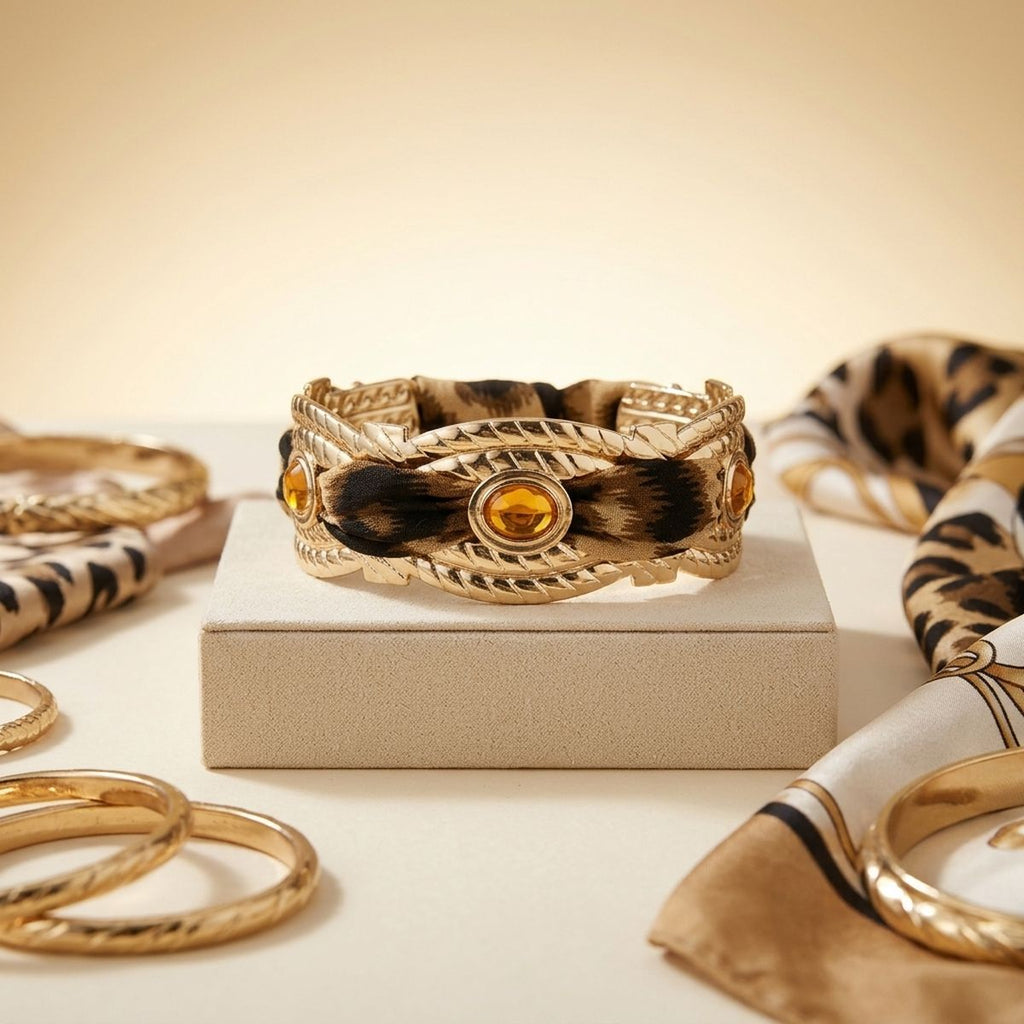 Brown Leopard Print Mini Scarf Gold Bangle Bracelet