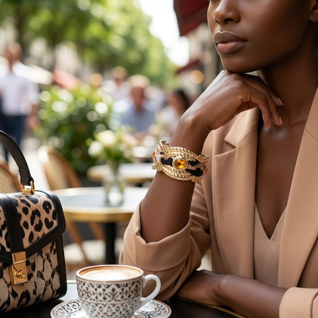 Leopard Print Mini Scarf Gold Bangle Bracelet