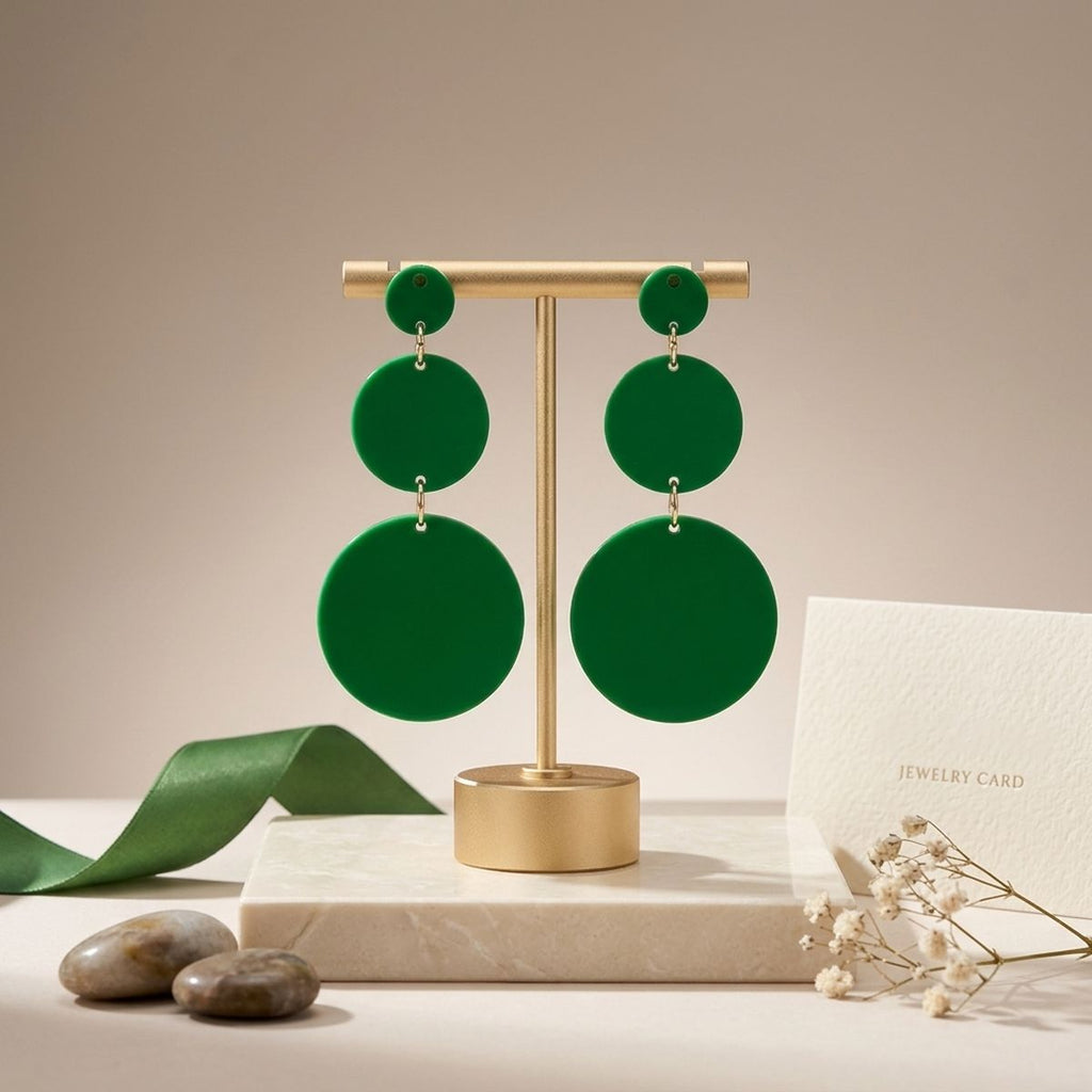 Dangle Green Mirror Triple Disc Drop Earrings