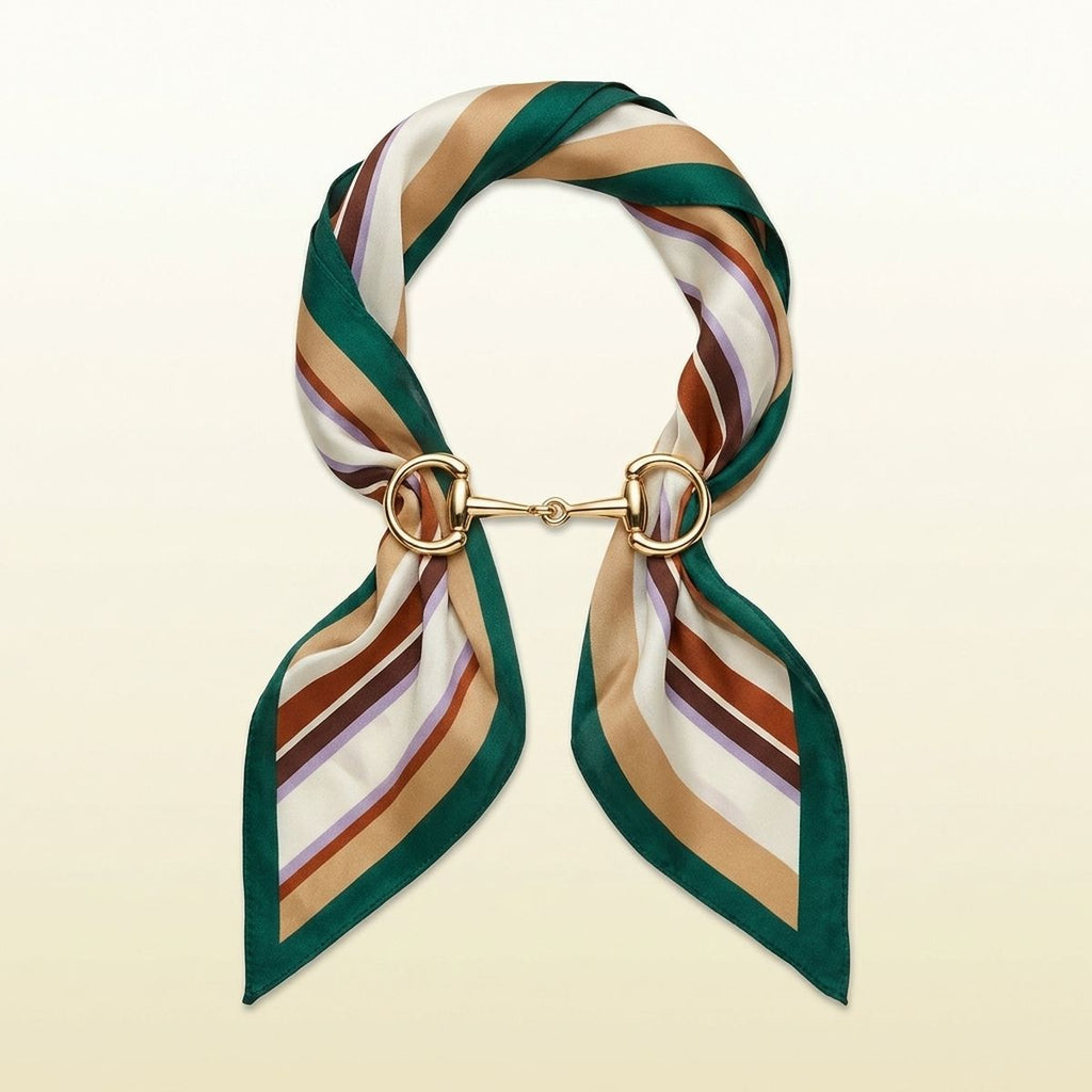 Horsebit Deep Green Striped Silky Scarf Necklace