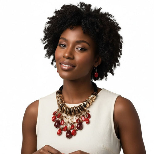 Beaded Red Stone Global Artisan Leather Necklace